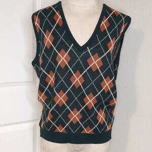 Vintage 70s Mens Argyle Sweater Vest Hunter Green Brown Wool England SZ M